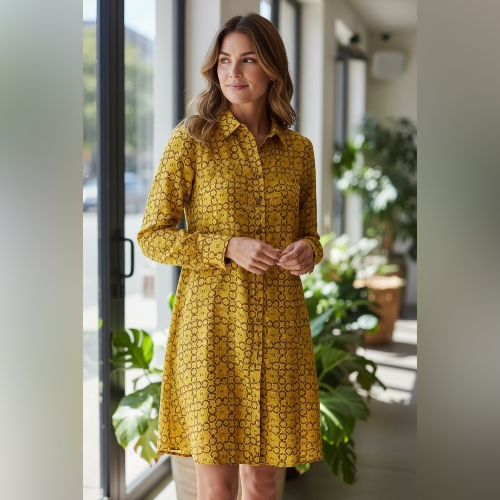 Next light, airy yellow w black summer dress, Lined, Long Sleeve, Button Up